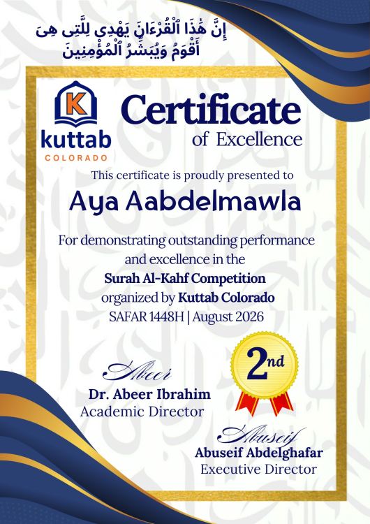 Certificate of Excellence awarded to Aya Aabdelmawla, Second Place